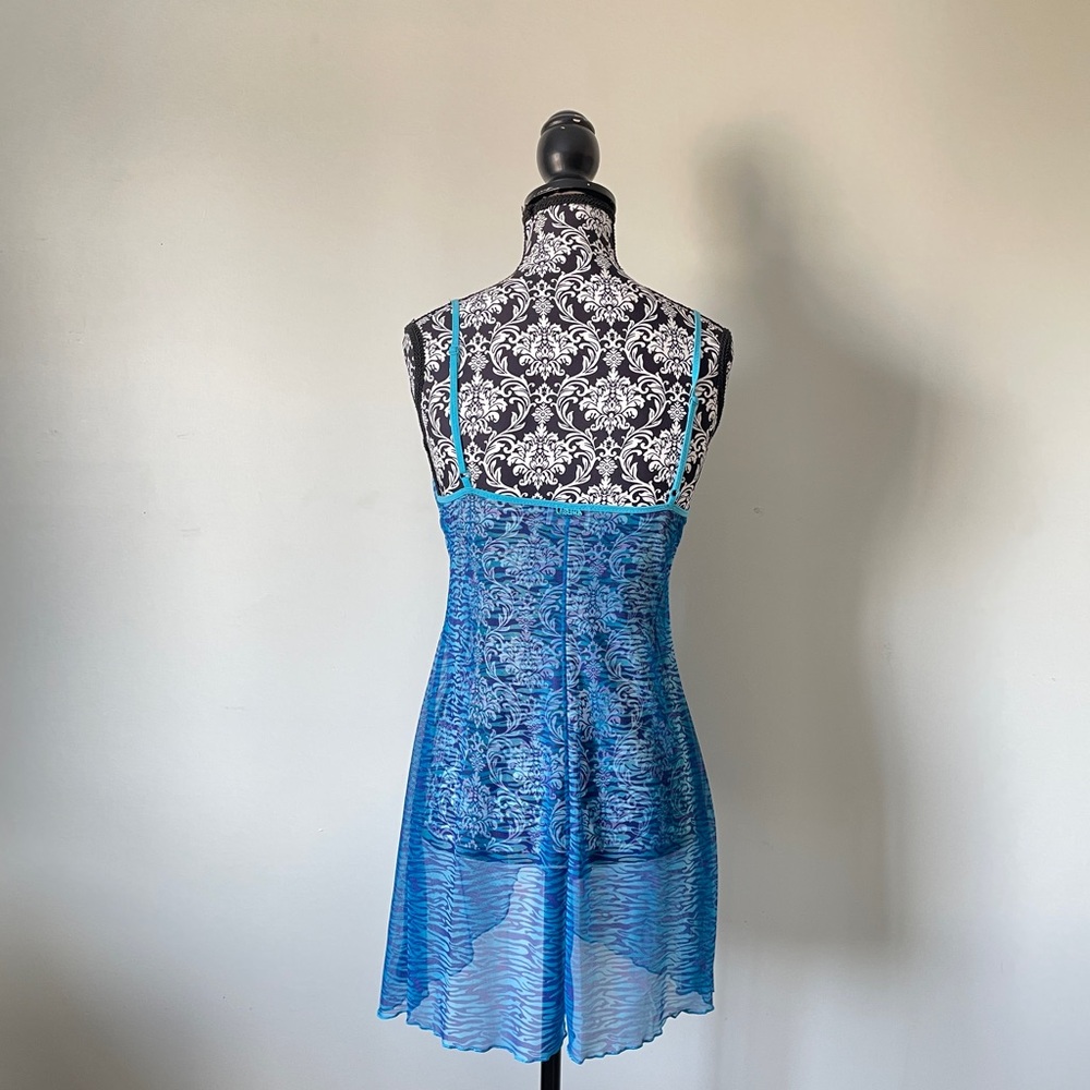 Y2K Babydoll LA SENZA Blue Zebra Damask Mesh Chemise Lingerie Slip SEE MSMTS - Picture 3 of 9